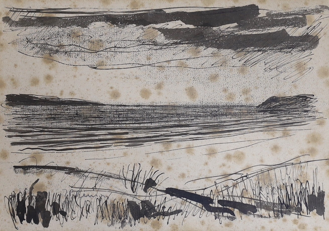 Jean Pierre Renoir (1894-1979), ink and wash on paper, North African coastal landscape, signed and inscribed verso 'To Winston Churchill' and dated January 1951, 19 x 27cm